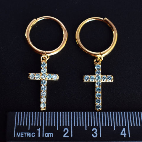 Blue Topaz Cross Charm Huggies