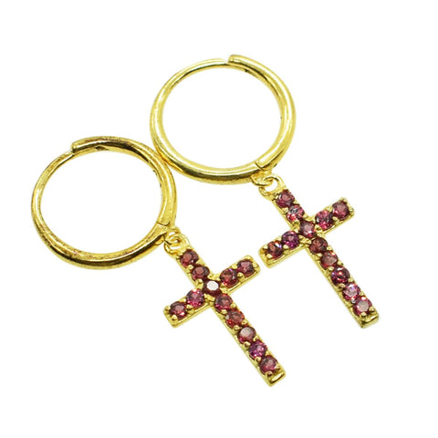 Garnet Cross Charm Huggies